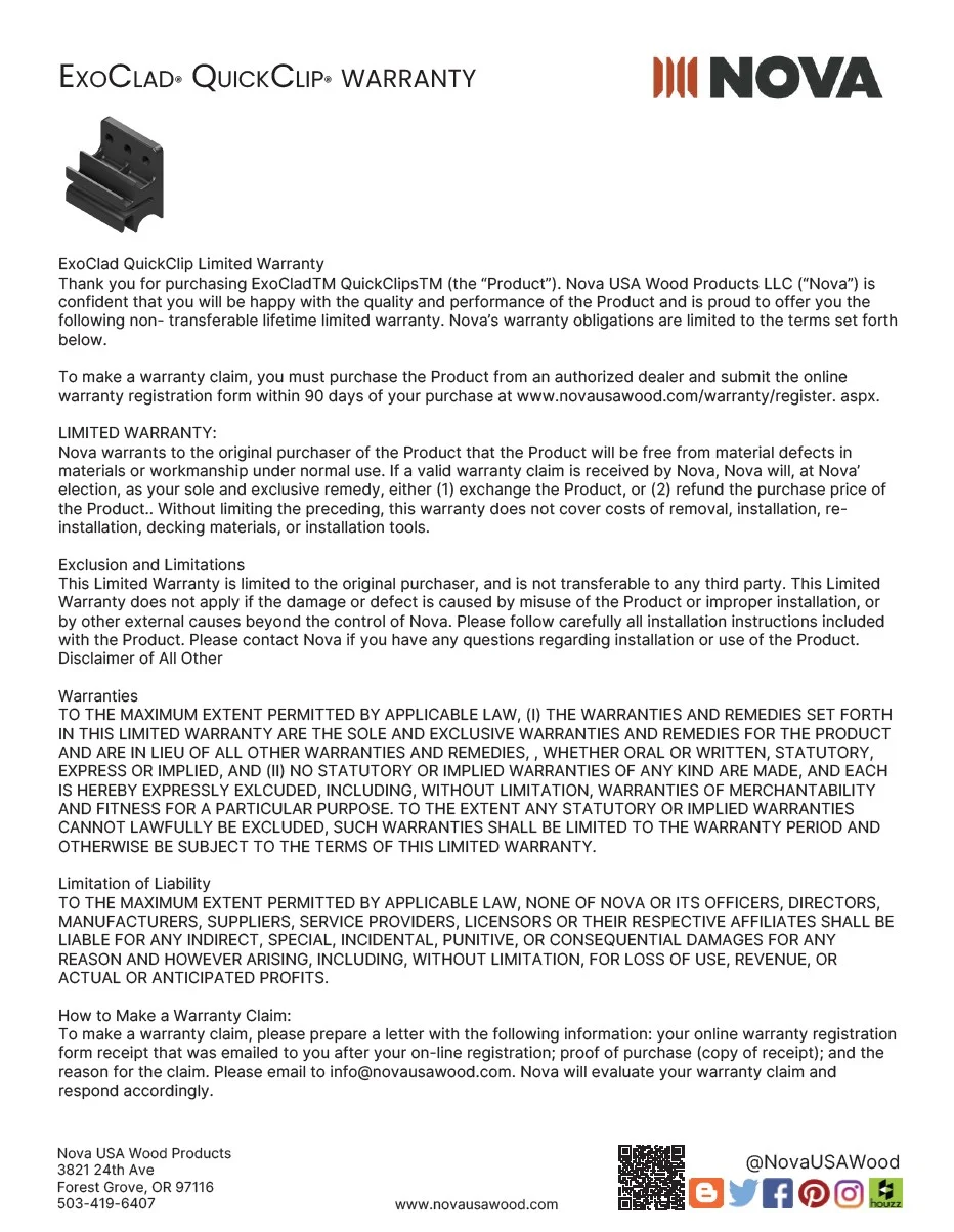 ExoClad QuickClip siding clip Warranty ExoClad QuickClip siding clip Warranty