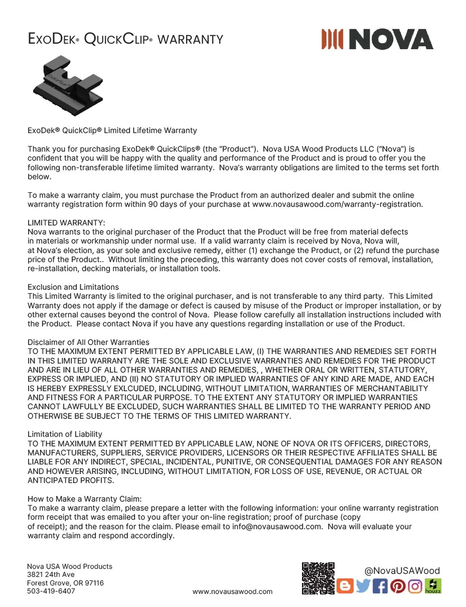 ExoDek QuickClip decking clip Warranty ExoDek QuickClip decking clip Warranty